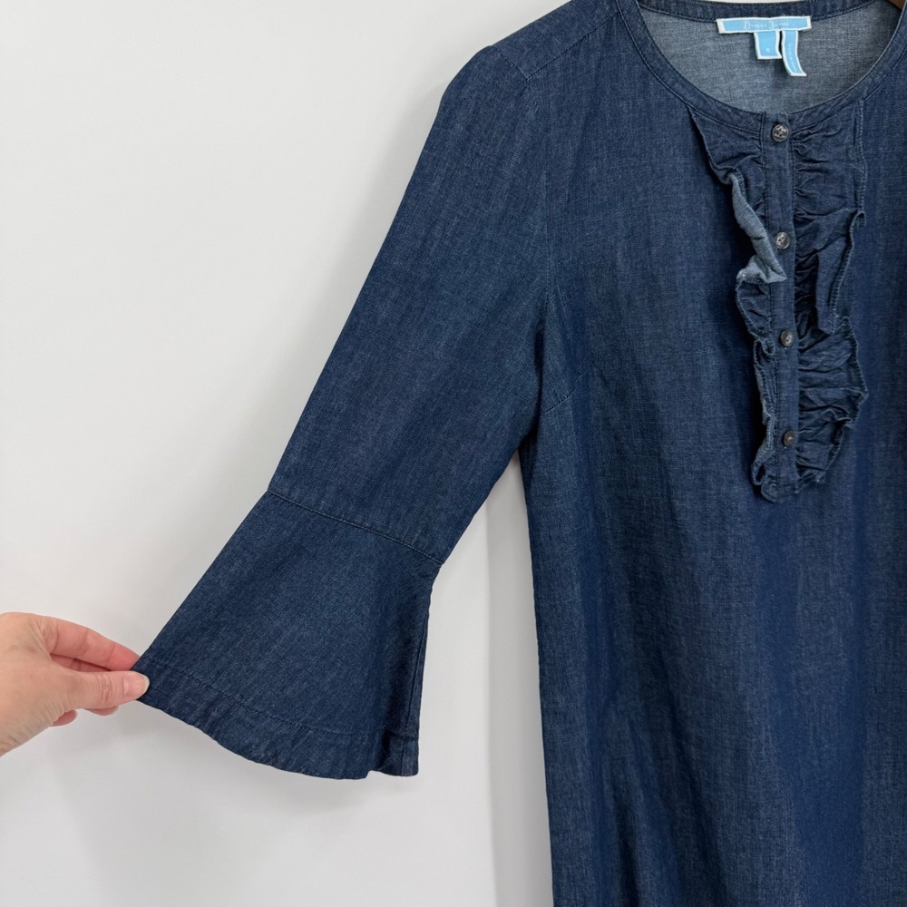 Draper James Chambray Shift Dress Ruffle Front Bell Sleeve Blue Size 6‎ - Picture 3 of 7